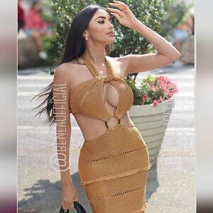 ZARA BUCKLED METALLIC THREAD KNIT DRESS GOLD